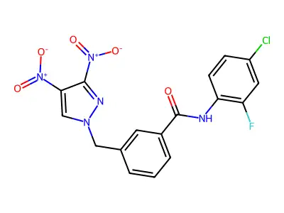 3-({3,4-bisnitro-1H-pyrazol-1-yl}methyl)-N-(4-chloro-2-fluorophenyl)benzamide structure