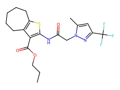 propyl 2-({[5-methyl-3-(trifluoromethyl)-1H-pyrazol-1-yl]acetyl}amino)-5,6,7,8-tetrahydro-4H-cyclohepta[b]thiophene-3-carboxylate structure