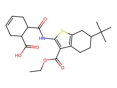 6-[(6-tert-butyl-3-ethoxycarbonyl-4,5,6,7-tetrahydro-1-benzothiophen-2-yl)carbamoyl]cyclohex-3-ene-1-carboxylic acid structure
