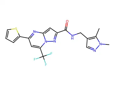 N-[(1,5-dimethylpyrazol-4-yl)methyl]-5-thiophen-2-yl-7-(trifluoromethyl)pyrazolo[1,5-a]pyrimidine-2-carboxamide structure