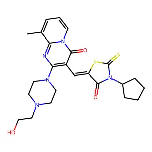 3-[(Z)-(3-cyclopentyl-4-oxo-2-thioxo-1,3-thiazolidin-5-ylidene)methyl]-2-[4-(2-hydroxyethyl)piperazin-1-yl]-9-methyl-4H-pyrido[1,2-a]pyrimidin-4-one structure