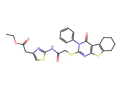 ethyl 2-{2-[2-(4-oxo-3-phenyl-3,5,6,7,8-pentahydrobenzo[b]thiopheno[2,3-d]pyri midin-2-ylthio)acetylamino]-1,3-thiazol-4-yl}acetate structure