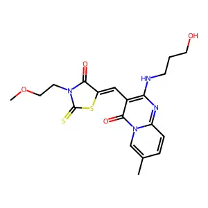 2-[(3-hydroxypropyl)amino]-3-{(Z)-[3-(2-methoxyethyl)-4-oxo-2-thioxo-1,3-thiazolidin-5-ylidene]methyl}-7-methyl-4H-pyrido[1,2-a]pyrimidin-4-one structure