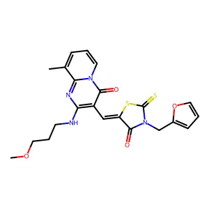 3-{(Z)-[3-(furan-2-ylmethyl)-4-oxo-2-thioxo-1,3-thiazolidin-5-ylidene]methyl}-2-[(3-methoxypropyl)amino]-9-methyl-4H-pyrido[1,2-a]pyrimidin-4-one structure