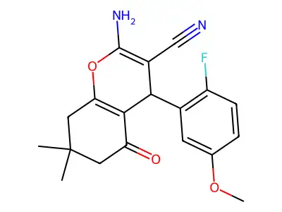 2-amino-4-(2-fluoro-5-methoxyphenyl)-7,7-dimethyl-5-oxo-5,6,7,8-tetrahydro-4H-chromene-3-carbonitrile structure