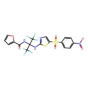 N-[1,1,1,3,3,3-hexafluoro-2-[[5-(4-nitrophenyl)sulfonyl-1,3-thiazol-2-yl]amino]propan-2-yl]furan-2-carboxamide structure