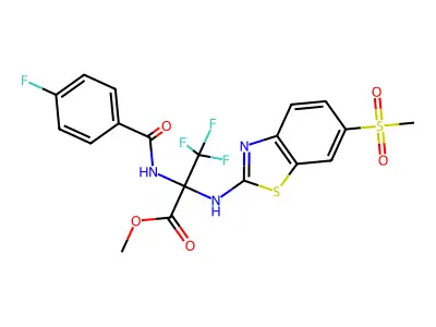 methyl 3,3,3-trifluoro-2-[(4-fluorobenzoyl)amino]-2-[(6-methylsulfonyl-1,3-benzothiazol-2-yl)amino]propanoate structure