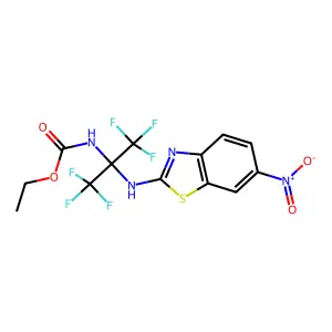 ethyl N-[1,1,1,3,3,3-hexafluoro-2-[(6-nitro-1,3-benzothiazol-2-yl)amino]propan-2-yl]carbamate structure