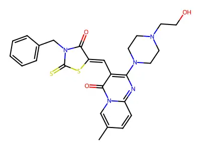 3-[(Z)-(3-benzyl-4-oxo-2-thioxo-1,3-thiazolidin-5-ylidene)methyl]-2-[4-(2-hydroxyethyl)piperazin-1-yl]-7-methyl-4H-pyrido[1,2-a]pyrimidin-4-one structure