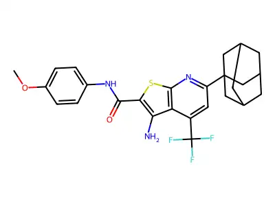 6-(1-adamantyl)-3-amino-N-(4-methoxyphenyl)-4-(trifluoromethyl)thieno[2,3-b]pyridine-2-carboxamide structure