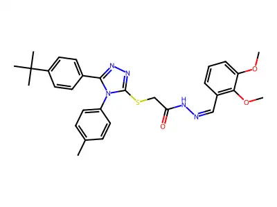 2-[[5-(4-tert-butylphenyl)-4-(4-methylphenyl)-1,2,4-triazol-3-yl]sulfanyl]-N-[(E)-(2,3-dimethoxyphenyl)methylideneamino]acetamide structure