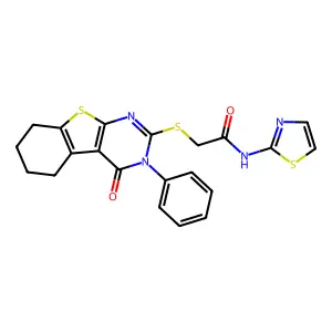 2-(4-oxo-3-phenyl(3,5,6,7,8-pentahydrobenzo[b]thiopheno[2,3-d]pyrimidin-2-ylth io))-N-(1,3-thiazol-2-yl)acetamide structure