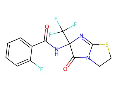 2-fluoro-N-[5-oxo-6-(trifluoromethyl)-2,3,5,6-tetrahydroimidazo[2,1-b][1,3]thiazol-6-yl]benzamide structure