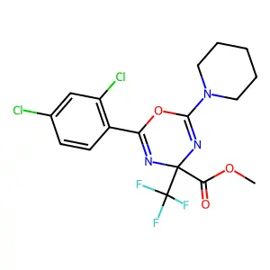 methyl 2-(2,4-dichlorophenyl)-6-piperidin-1-yl-4-(trifluoromethyl)-1,3,5-oxadiazine-4-carboxylate structure