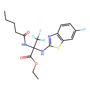 Ethyl 3,3,3-trifluoro-2-[(6-fluoro-1,3-benzothiazol-2-yl)amino]-2-(pentanoylamino)propanoate structure