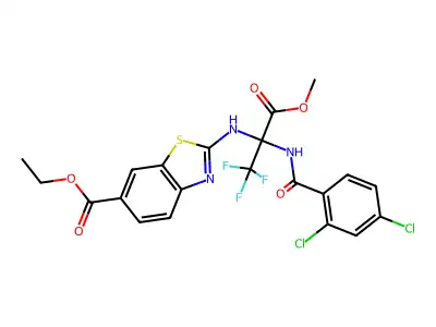 ethyl 2-[[2-[(2,4-dichlorobenzoyl)amino]-1,1,1-trifluoro-3-methoxy-3-oxopropan-2-yl]amino]-1,3-benzothiazole-6-carboxylate structure