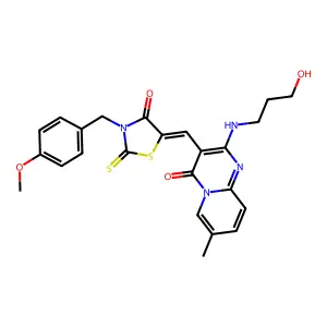 2-[(3-hydroxypropyl)amino]-3-{(Z)-[3-(4-methoxybenzyl)-4-oxo-2-thioxo-1,3-thiazolidin-5-ylidene]methyl}-7-methyl-4H-pyrido[1,2-a]pyrimidin-4-one structure