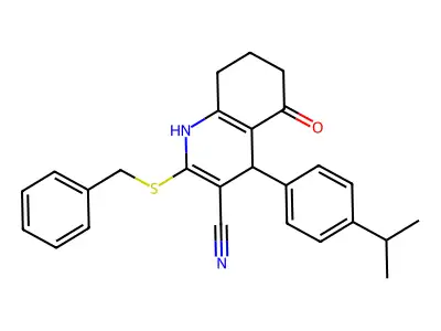 2-benzylsulfanyl-5-oxo-4-(4-propan-2-ylphenyl)-4,6,7,8-tetrahydro-1H-quinoline-3-carbonitrile structure