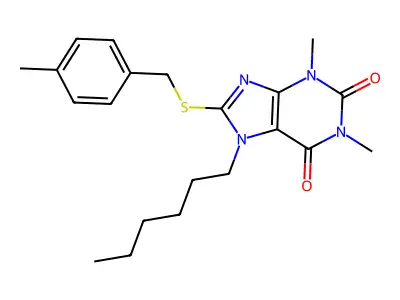 7-Hexyl-1,3-dimethyl-8-[(4-methylphenyl)methylsulfanyl]purine-2,6-dione structure