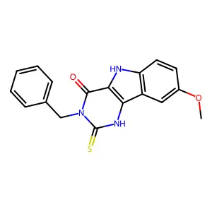 3-benzyl-8-methoxy-2-sulfanyl-3,5-dihydro-4H-pyrimido[5,4-b]indol-4-one structure