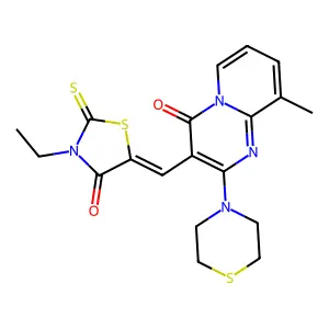 (Z)-3-ethyl-5-((9-methyl-4-oxo-2-thiomorpholino-4H-pyrido[1,2-a]pyrimidin-3-yl)methylene)-2-thioxothiazolidin-4-one structure