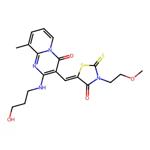 2-[(3-hydroxypropyl)amino]-3-{(Z)-[3-(2-methoxyethyl)-4-oxo-2-thioxo-1,3-thiazolidin-5-ylidene]methyl}-9-methyl-4H-pyrido[1,2-a]pyrimidin-4-one structure