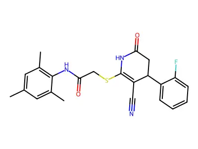 2-((3-cyano-4-(2-fluorophenyl)-6-oxo-1,4,5,6-tetrahydropyridin-2-yl)thio)-N-mesitylacetamide structure