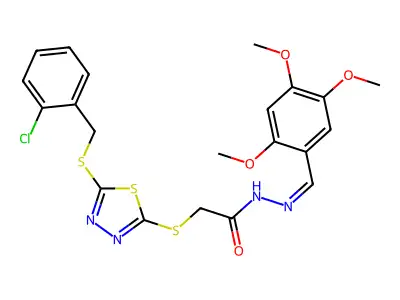2-[[5-[(2-chlorophenyl)methylsulfanyl]-1,3,4-thiadiazol-2-yl]sulfanyl]-N-[(E)-(2,4,5-trimethoxyphenyl)methylideneamino]acetamide structure