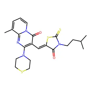 9-methyl-3-{(Z)-[3-(3-methylbutyl)-4-oxo-2-thioxo-1,3-thiazolidin-5-ylidene]methyl}-2-(thiomorpholin-4-yl)-4H-pyrido[1,2-a]pyrimidin-4-one structure