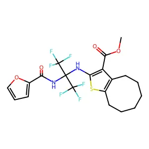 methyl 2-[[1,1,1,3,3,3-hexafluoro-2-(furan-2-carbonylamino)propan-2-yl]amino]-4,5,6,7,8,9-hexahydrocycloocta[b]thiophene-3-carboxylate structure
