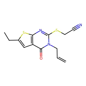 2-(6-Ethyl-4-oxo-3-prop-2-enylthieno[2,3-d]pyrimidin-2-yl)sulfanylacetonitrile structure
