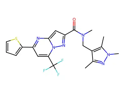 N-methyl-5-(2-thienyl)-7-(trifluoromethyl)-N-[(1,3,5-trimethyl-1H-pyrazol-4-yl)methyl]pyrazolo[1,5-a]pyrimidine-2-carboxamide structure