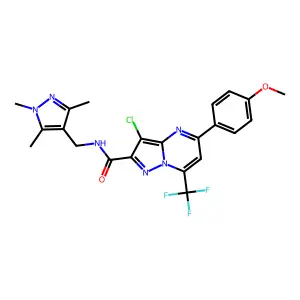 3-chloro-5-(4-methoxyphenyl)-7-(trifluoromethyl)-N-[(1,3,5-trimethyl-1H-pyrazol-4-yl)methyl]pyrazolo[1,5-a]pyrimidine-2-carboxamide structure