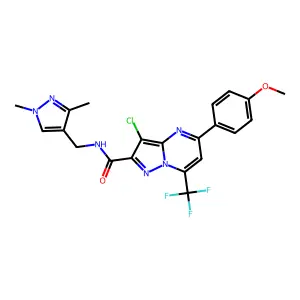 3-chloro-N-[(1,3-dimethyl-1H-pyrazol-4-yl)methyl]-5-(4-methoxyphenyl)-7-(trifluoromethyl)pyrazolo[1,5-a]pyrimidine-2-carboxamide structure