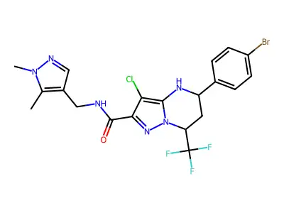 5-(4-bromophenyl)-3-chloro-N-[(1,5-dimethyl-1H-pyrazol-4-yl)methyl]-7-(trifluoromethyl)-4,5,6,7-tetrahydropyrazolo[1,5-a]pyrimidine-2-carboxamide structure