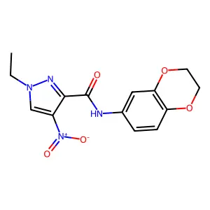 N-(2,3-dihydro-1,4-benzodioxin-6-yl)-1-ethyl-4-nitro-1H-pyrazole-3-carboxamide structure