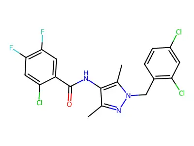 2-chloro-N-[1-[(2,4-dichlorophenyl)methyl]-3,5-dimethylpyrazol-4-yl]-4,5-difluorobenzamide structure