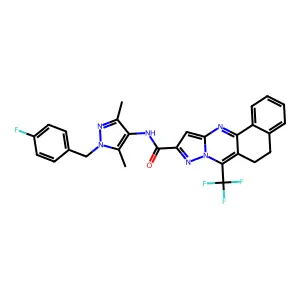 N-[1-(4-fluorobenzyl)-3,5-dimethyl-1H-pyrazol-4-yl]-7-(trifluoromethyl)-5,6-dihydrobenzo[h]pyrazolo[5,1-b]quinazoline-10-carboxamide structure