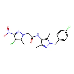 2-(4-chloro-5-methyl-3-nitropyrazol-1-yl)-N-[1-[(4-chlorophenyl)methyl]-3,5-dimethylpyrazol-4-yl]acetamide structure