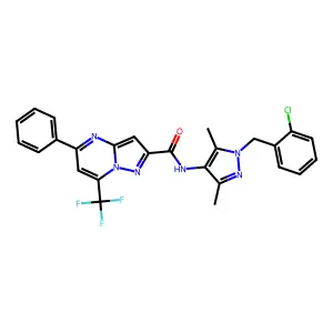 N-[1-(2-chlorobenzyl)-3,5-dimethyl-1H-pyrazol-4-yl]-5-phenyl-7-(trifluoromethyl)pyrazolo[1,5-a]pyrimidine-2-carboxamide structure