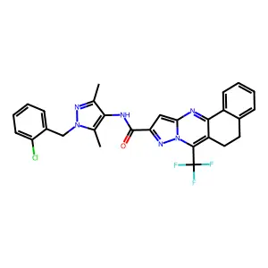 N-[1-(2-chlorobenzyl)-3,5-dimethyl-1H-pyrazol-4-yl]-7-(trifluoromethyl)-5,6-dihydrobenzo[h]pyrazolo[5,1-b]quinazoline-10-carboxamide structure
