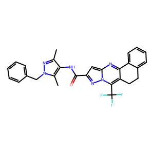 N-(1-benzyl-3,5-dimethyl-1H-pyrazol-4-yl)-7-(trifluoromethyl)-5,6-dihydrobenzo[h]pyrazolo[5,1-b]quinazoline-10-carboxamide structure