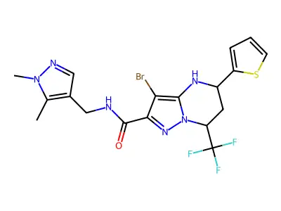 3-bromo-N-[(1,5-dimethyl-1H-pyrazol-4-yl)methyl]-5-(2-thienyl)-7-(trifluoromethyl)-4,5,6,7-tetrahydropyrazolo[1,5-a]pyrimidine-2-carboxamide structure
