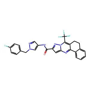 N-[1-(4-fluorobenzyl)-1H-pyrazol-4-yl]-7-(trifluoromethyl)-5,6-dihydrobenzo[h]pyrazolo[5,1-b]quinazoline-10-carboxamide structure