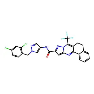 N-[1-(2,4-dichlorobenzyl)-1H-pyrazol-4-yl]-7-(trifluoromethyl)-5,6-dihydrobenzo[h]pyrazolo[5,1-b]quinazoline-10-carboxamide structure