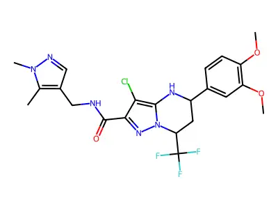 3-chloro-5-(3,4-dimethoxyphenyl)-N-[(1,5-dimethyl-1H-pyrazol-4-yl)methyl]-7-(trifluoromethyl)-4,5,6,7-tetrahydropyrazolo[1,5-a]pyrimidine-2-carboxamide structure