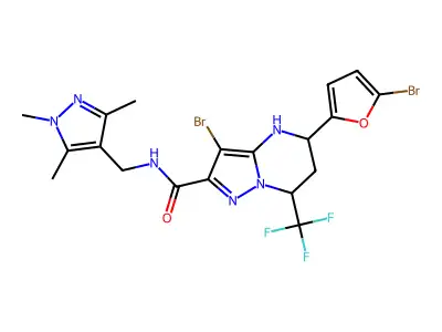3-bromo-5-(5-bromo-2-furyl)-7-(trifluoromethyl)-N-[(1,3,5-trimethyl-1H-pyrazol-4-yl)methyl]-4,5,6,7-tetrahydropyrazolo[1,5-a]pyrimidine-2-carboxamide structure