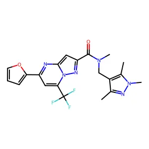 5-(2-furyl)-N-methyl-7-(trifluoromethyl)-N-[(1,3,5-trimethyl-1H-pyrazol-4-yl)methyl]pyrazolo[1,5-a]pyrimidine-2-carboxamide structure