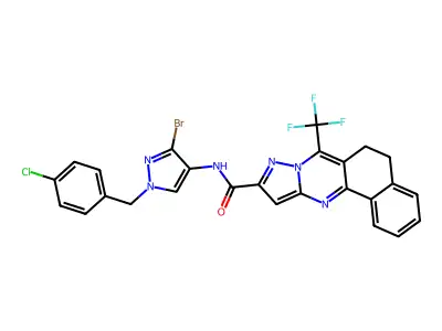 N-[3-bromo-1-(4-chlorobenzyl)-1H-pyrazol-4-yl]-7-(trifluoromethyl)-5,6-dihydrobenzo[h]pyrazolo[5,1-b]quinazoline-10-carboxamide structure