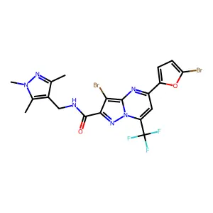 3-bromo-5-(5-bromo-2-furyl)-7-(trifluoromethyl)-N-[(1,3,5-trimethyl-1H-pyrazol-4-yl)methyl]pyrazolo[1,5-a]pyrimidine-2-carboxamide structure